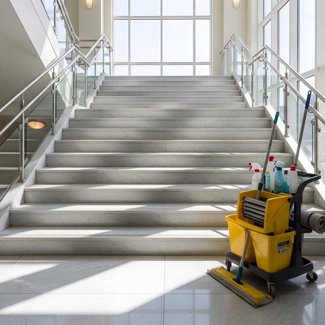 Professional Cleaning Equipment in a Bright Stairwell with Natural Light.