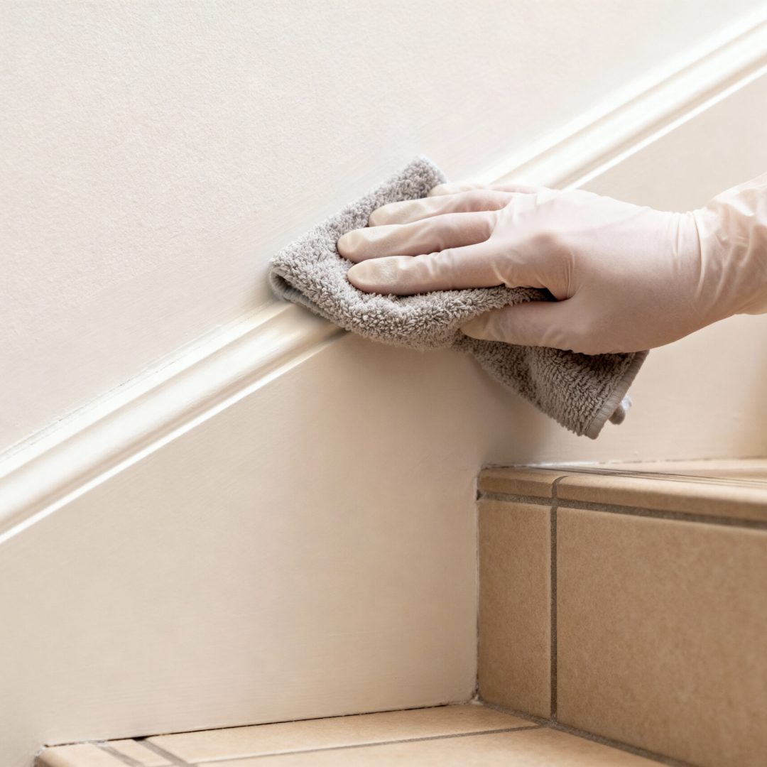 A gloved hand wipes down a stairwell banister with a soft cloth, promoting cleanliness and hygiene