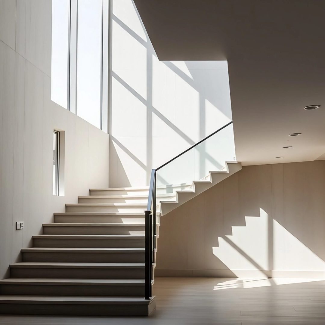 Bright modern stairwell inside a contemporary house with large windows, clean lines and soft natural light. Ideal for architecture, interior design, real estate and lifestyle concepts.